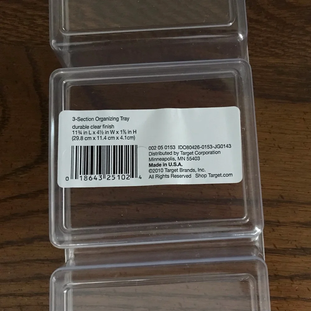 Two 3-section drawer dividers. 4.4” x 11.5” x 1 5/8”H. Clear acrylic